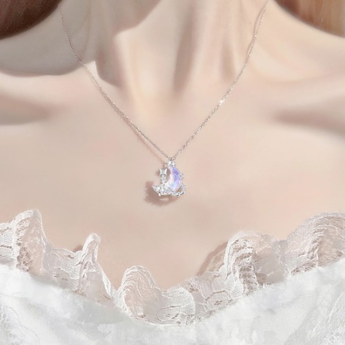 Serene Crescent Moon Pendant Silver Necklace Bracelet | Nacklace / Option 2