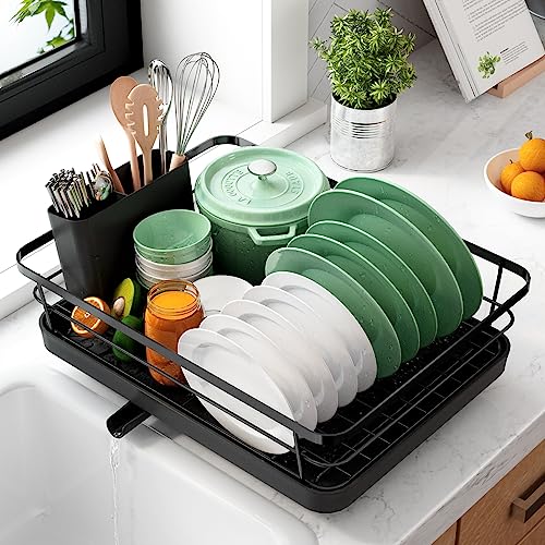 Kitsure Dish Drying Rack- Space-Saving, for Kitchen Counter, Durable Stainless Steel Rack with a Cutlery Holder, for Dishes, Knives, Spoons, and Forks - Black - Countertop