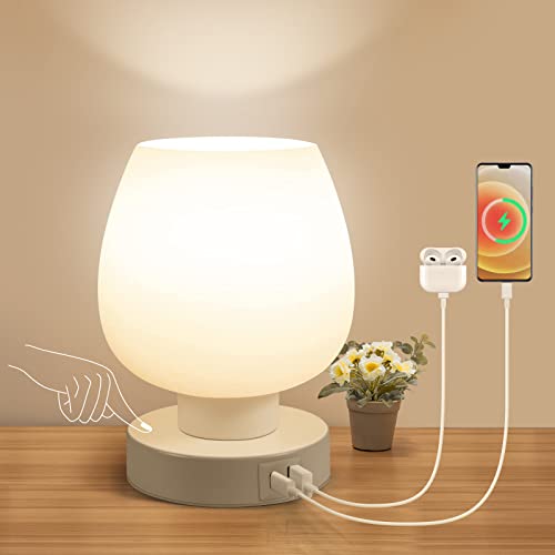 Touch Bedside Table Lamp - Small Lamp for Bedroom with USB C+A Charging Ports 3 Way Dimmable, Nightstand Desk lamp with White Opal Glass Lamp Shade Warm LED Bulb Included, Simple Design Gifts - USB_opal white_1pack - USB