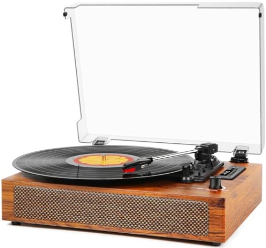 Vintage Record Player Bluetooth 3 Speed Vinyl Record Player with Stereo Speakers, USB Recording, RCA Line-Out, AUX in, Retro Turntable for Vinyl Records - Brown