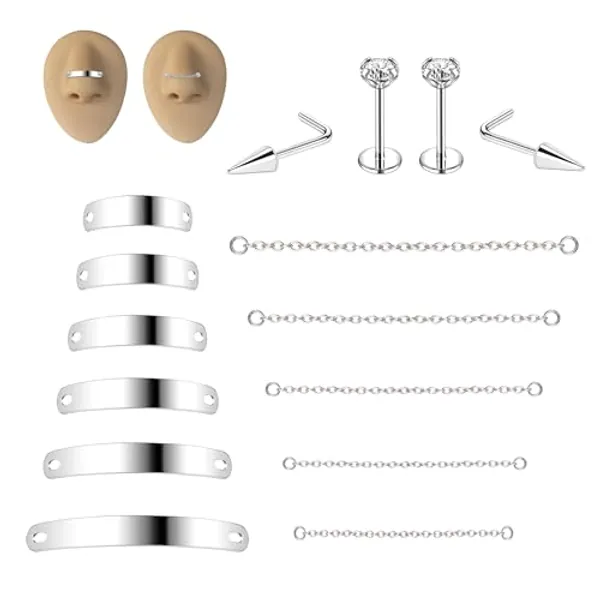 6ixGosh Nose Chain Spike Nose Rings Studs Surgical Steel Across Top Nose Piercing Jewelry Nostril Chain for Women Men Double Nose Piercing Nostril Bridge Jewelry, Black Silver in