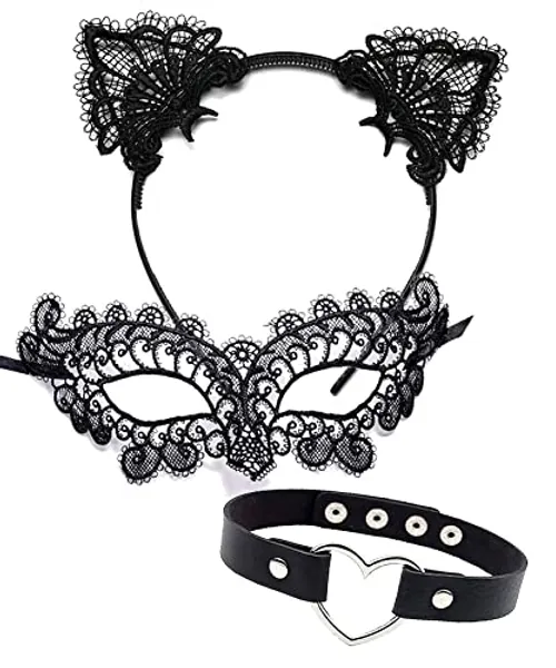 OLYPHAN Black Cat Costume Accessories Cat Woman Sexy Costume for Women Halloween Masquerade Mask Adult, Lace Ears & Heart Choker Necklace