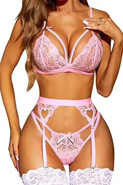 RSLOVE Women Lingerie Sets with Garter Belt 3 Piece Lace Teddy Babydoll Bodysuit