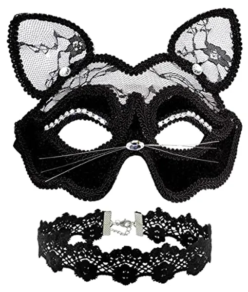 OLYPHAN Black Cat Costume for Women with Sexy Lace Masquerade Mask, Lace Cat Women Ears & Kitty Necklace, Mask and Ears Adults/Adult Halloween Accessories