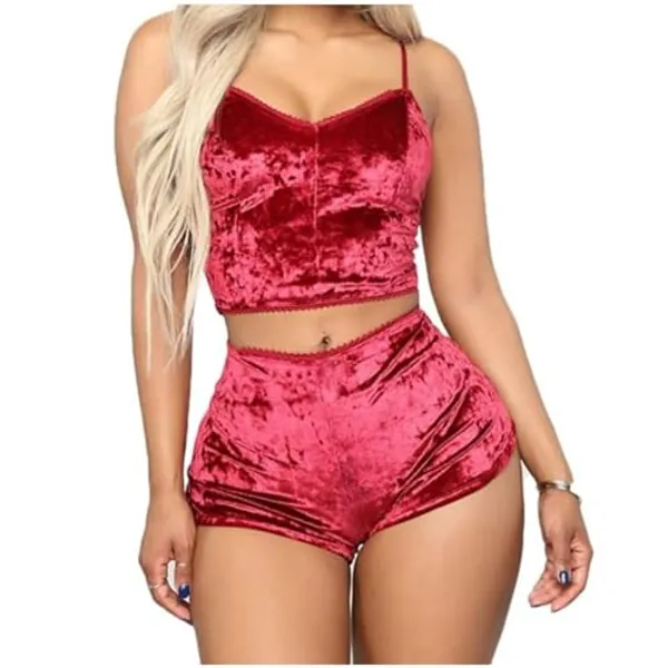 NewBull Women Sexy Lingerie Babydoll Strappy Velvet Pajama Set 2 Piece Sleepwear Camisole with Shorts Outfit