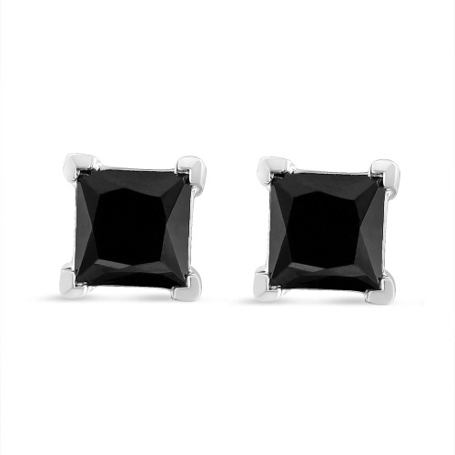 14K White Gold Princess-Cut Treated Black Diamond Classic 4-Prong Stud Earrings - 3