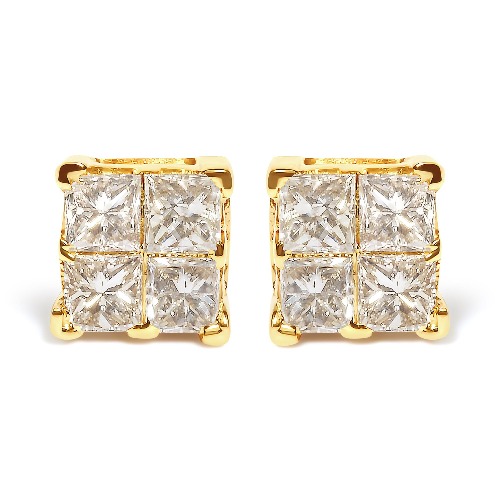 14K Yellow Gold 3/4 Cttw Invisible Set Princess-Cut Diamond 4 Stone Square Stud Earrings (J-K Color, SI2-I1 Clarity)