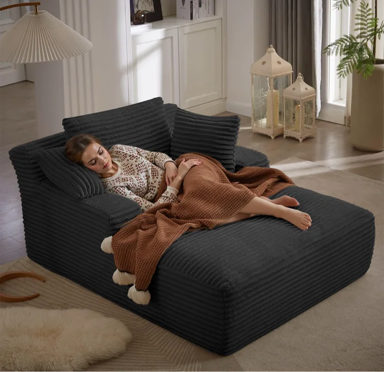 67 Inch Oversized Chaise Lounge Chair Indoor, Corduroy Upholstered Boneless Sofa Bed, Deep Seat Sleeper Couch Reading Chairs, Cloud Sofas Couches for Living Room, No Assembly Required (Black) - Black - 50"W x 67"D