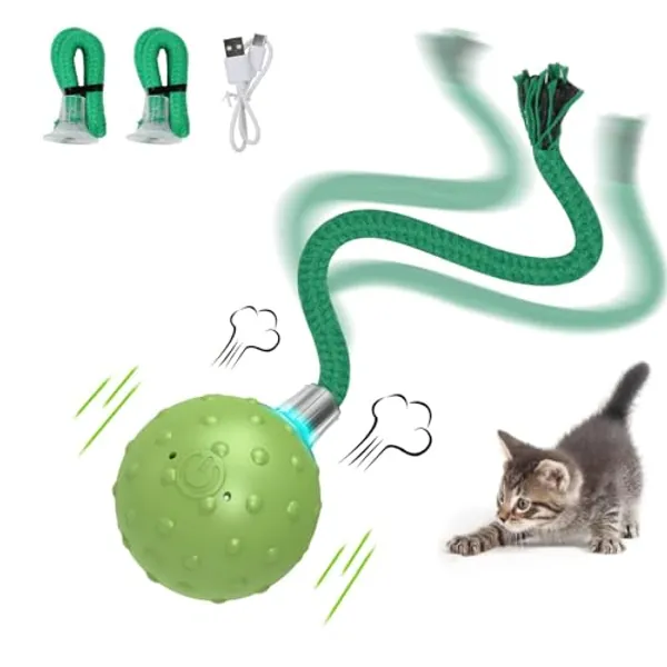 umosis Interactive Cat Ball Toy,Motion Activated Automatic Moving Ball Toy with Long Tail Teaser/Simulation Bird Sound/USB Rechargeable Cat Toys Self Play