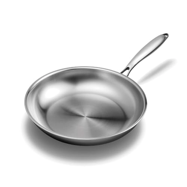 Aceself 12 inch Tri-Ply Stainless Steel Frying Pans,PFOA&PTFE Free Skillets,Chef's Pan,Dishwasher and Oven Safe Cookware, Works on Induction,Ceramic and Gas Cooktops