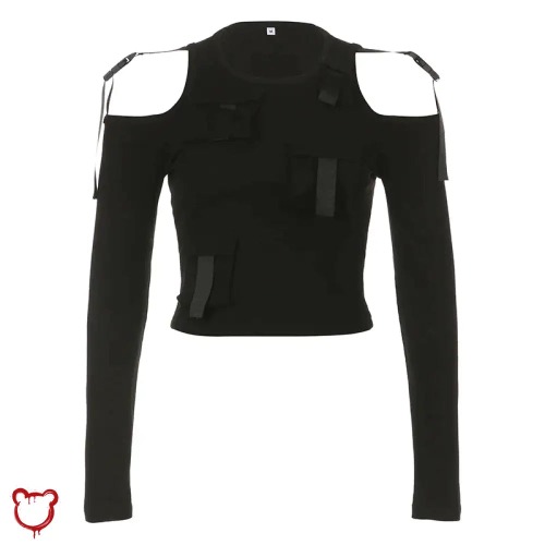 Fog' Shoulder Long Sleeve Top - Black / L