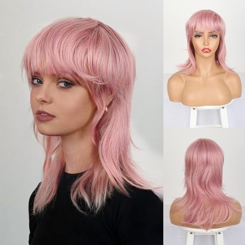 CINHOO Straight Mullet Pixie Haircut with Bangs Layered Shaggy Mullet Wigs for Women,70s 80s Short Layered Shag Pixie Cut Wig Synthetic Wolf Cut Mullets Wig for Black Women 14inch(Pink) - 14 Inch - Pink