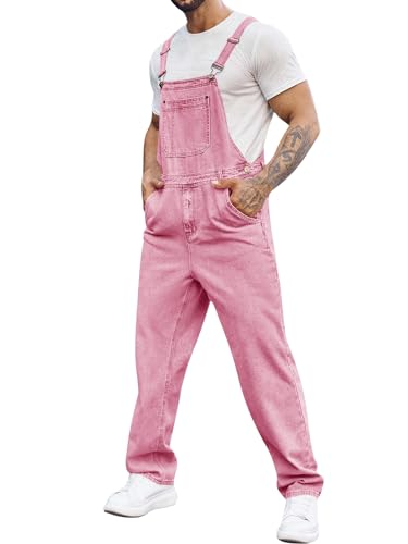 Runcati Men's Denim Bib Overall Jean Romper Boot Cut Trousers Workwear Slim Fit Adjustable Straps Jumpsuit - Medium - Pink