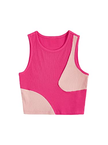 Verdusa Women's Color Block Round Neck Sleeveless Ribbed Crop Tank Top - Large - Pink