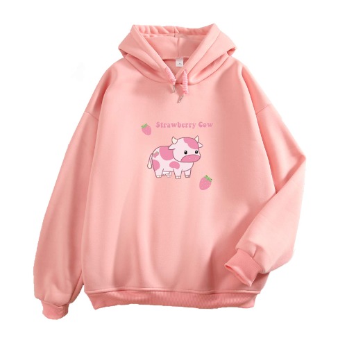 Pullover Sweatshirts for Women Cute Strawberry Cow Print Hoodie Casual Fuzzy Top - Pink Medium