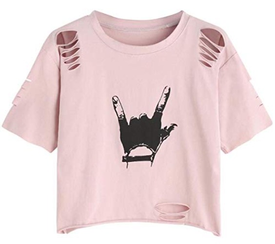 SweatyRocks Women's Short Sleeve T Shirt Graphic Print Distressed Crop Top - Medium - Gesture Light Pink