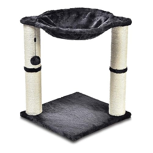 Amazon Basics Cat Tower with Hammock, Scratching Posts and Dangling Ball for Indoor Cats, 15.8 x 15.8 x 19.7 Inches, Gray - Cat Hammock - Gray
