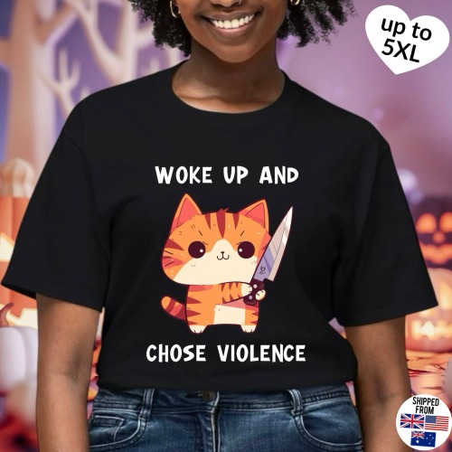 Woke up and chose violence T-shirt, up to 5XL, cute cat with knife - M / Black