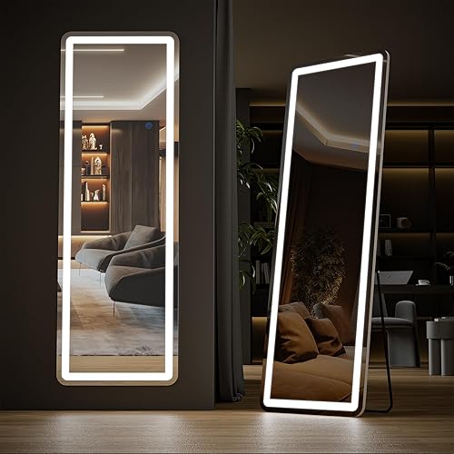Sweetcrispy 64"x21" Mirror Full Length Standing Mirror with LED Lights, Lighted Floor Mirror with Stand, w/Dimming & 3 Color Lighting, Wall Mirror Full Length Aluminum Alloy Thin Frame, White - Rectangular - 64"L x 21"W