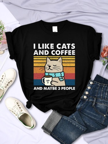 'Coffee and Cats' Cute Cat Themed T-Shirt - Black / M
