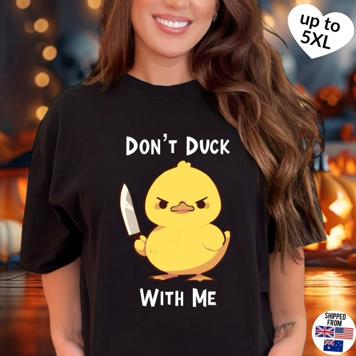 Don’t Duck with Me T-shirt, up to 5XL, cute duck with knife - M / Black