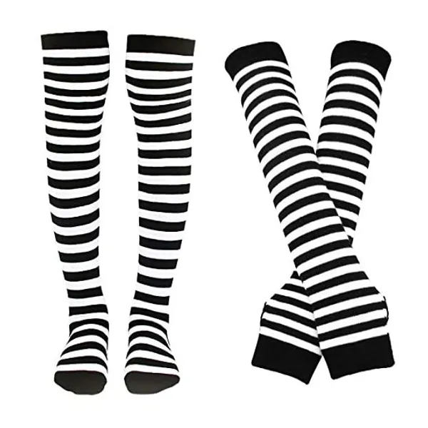 
                            Bienvenu Womens Socks Striped Knee High Socks Arm Warmer Fingerless Gloves Set
                        