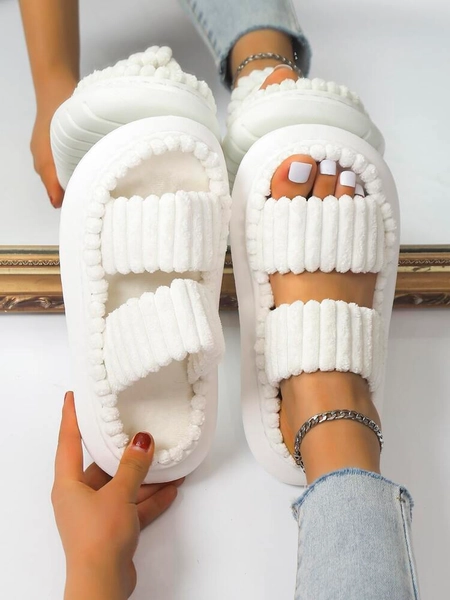 Women White Minimalist Fuzzy Bedroom Slippers