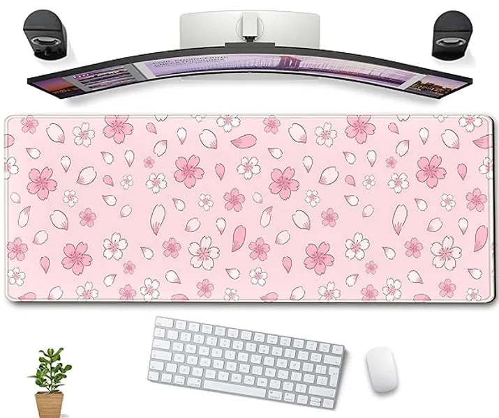 Cherry Blossom Mouse Pad Kawaii Pink XL Large Extended Gaming Desk Mat Cute Pastel Anime Desk Pad Aesthetics Laptop Keyboard Mouse Mat Women Office Decor Mousepad with Stitched Edges 31.5''x11.8'' - Pink Cherry Blossom