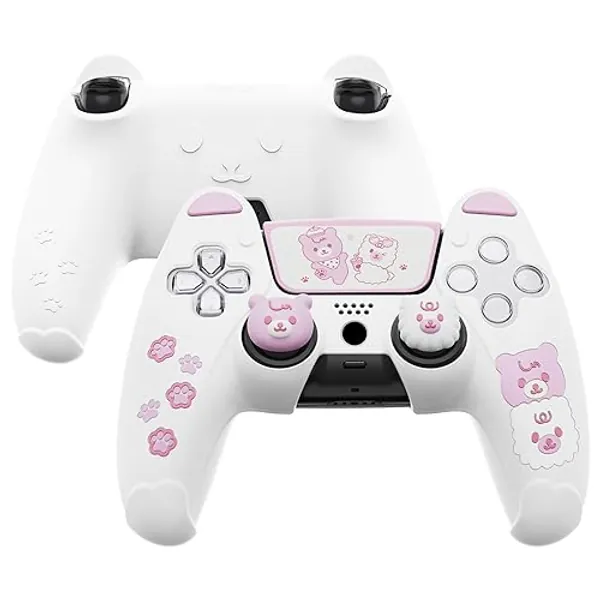 playvital Cute Bear Controller Silicone Case for ps5, Kawaii Controller Cover Compatible with Charging Station, Gamepad Skin Protector for ps5 with Touch Pad Sticker & Thumb Grips - White & Pink - White & Pink