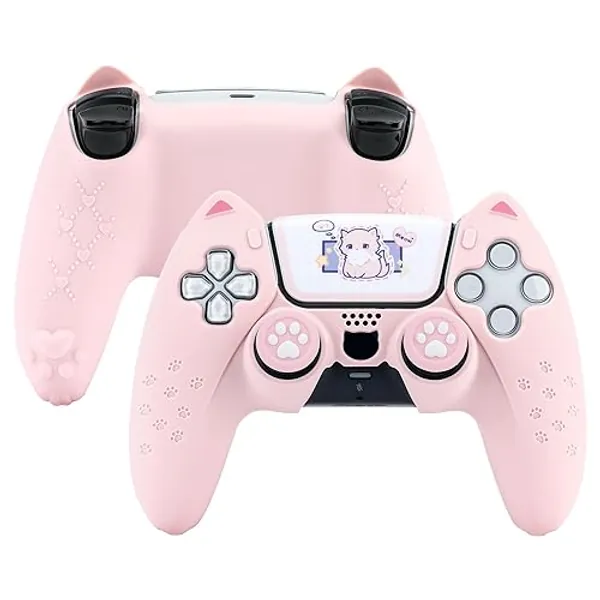 GeekShare Pink Cat Paw PS5 Controllers Skin Grips Set Anti-Slip Silicone Skin Protective Cover Case Joystick Caps for PS5 Wireless Controller Accessories Kit - Pink