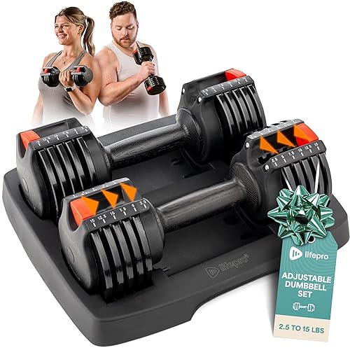 Lifepro Adjustable Dumbbells Set/Single - 15lb 43lb 55lb 90lb 25 lb Dumbbell Sets with Rack - Quick Adjust, Secure Grip weights dumbbells set - Compact Hand Weights for Women/Men at Home Gym - 15Lbs Pair Adjustable
