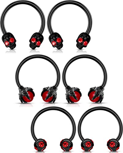 OUFER 6PCS Septum Nose Ring Hoop, 316L Stainless Steel Helix Earrings, Skull Daith Tragus Cartilage Piercing Jewelry, Claw Captive Bead Rings - Black