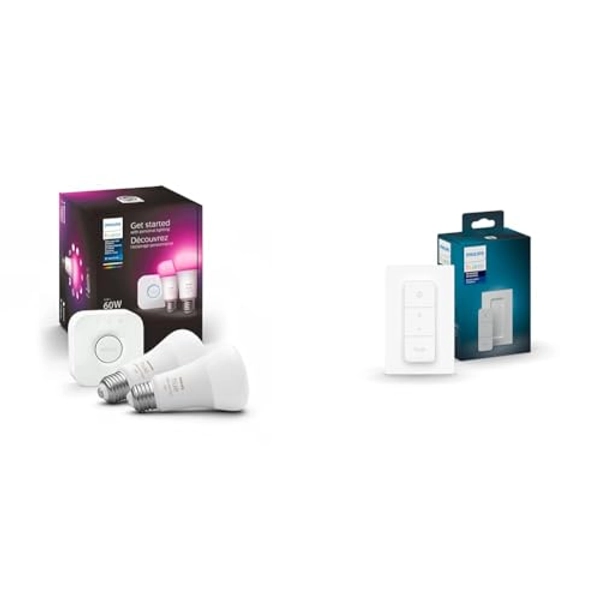 Philips Hue White and Color Ambiance Smart Light Starter Kit, Includes (2) 60W A19 Smart Bulbs with Hue Bridge & Smart Dimmer Switch with Remote