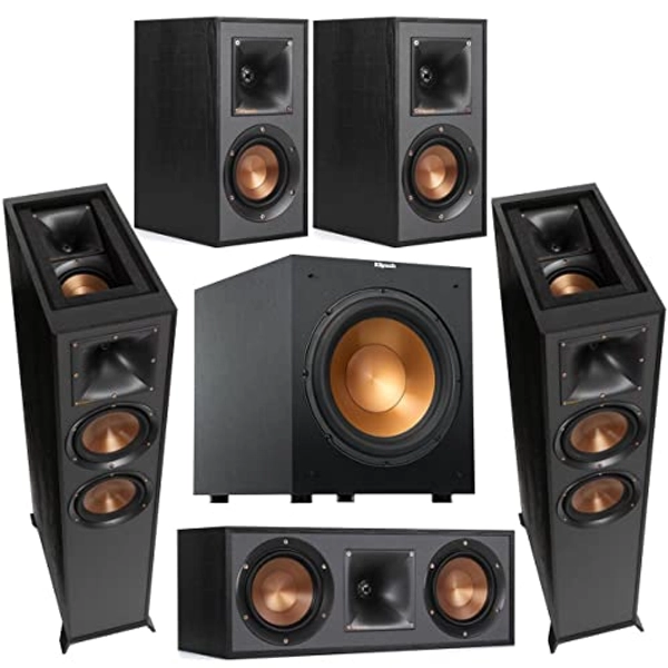 Klipsch Reference 5.1 Home Theater System with 2x R-625FA Dolby Atmos Floorstanding Speaker, R-12SW 12in 400W Powered Subwoofer, R-52C Two-Way Center Channel, R-41M Bookshelf Speakers (Pair), Black