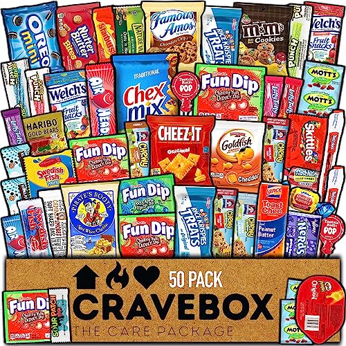 CRAVEBOX Snack Box Variety Pack Care Package (50 Count) Halloween Treats Gift Basket Boxes Pack Adults Kids Grandkids Guys Girls Women Men Boyfriend Candy Birthday Cookies Chips Teenage Mix College Student Food Sampler Office School
