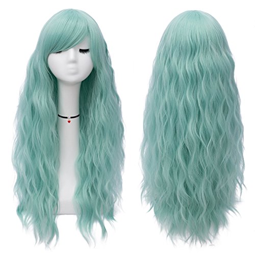 Mildiso Mint Green Wigs for Women 26'' Long Green Wig with Bangs Curly Wavy Natural Cute Soft Wig with Breathable Wig Net M047G - Mint - 26 Inch (Pack of 1)