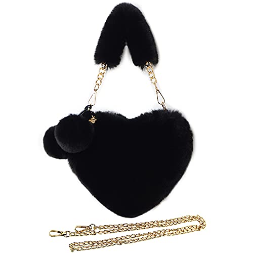 Rejolly Furry Purse for Girls Heart Shaped Fluffy Faux Fur Handbag for Women Soft Small Shoulder Bag Clutch Purse - Black