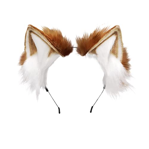 Focupaja Animal Cosplay Ears Hairband Handmade Faux Plush Cat Fox Wolf Dog Ears - Camel - One Size