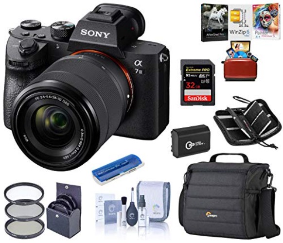 Sony Alpha a7 III Mirrorless Digital Camera with FE 28-70mm Lens - Bundle w/Shoulder Bag, 32GB SD Card, Cleaning Kit, Card Reader, SD Card Case, PC & Mac Software Kit, Extra Battery, 55mm Filter Kit