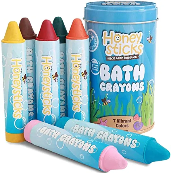 Honeysticks Jumbo Bath Crayons for Toddlers & Kids (7 Pk) - Handmade with Natural Beeswax for Non Toxic Bathtub Fun - Fragrance Free, Non-Irritating Bath Toys - Washable Bright Colors - Eco Friendly