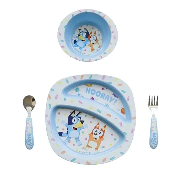 The First Years Bluey Toddler Dinnerware Set - Includes Divided Toddler Plate, Bowl, and Toddler Utensils - Dishwasher Safe Toddler Feeding Supplies Made Without BPA - 4 Count