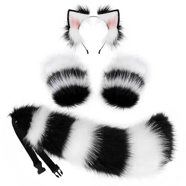 JUNBOON Faux Fur Cat Ears and Wolf Fox Tail Set Adult Kids Claw Glove Kit for Halloween Anime Cosplay Party