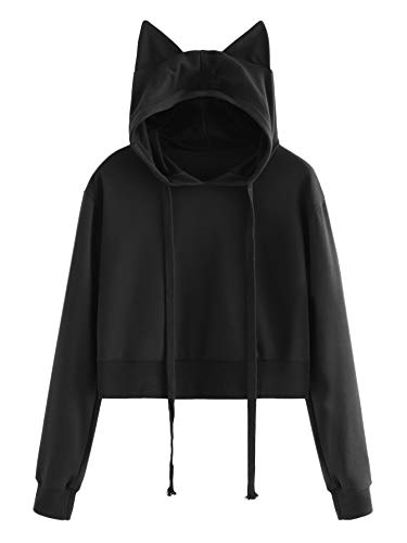 SweatyRocks Women's Long Sleeve Hoodie Crop Top Cat Print Sweatshirt - Large - Black#2