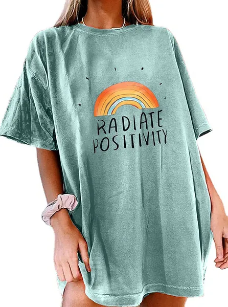 Remidoo Women's Casual Crewneck Short Sleeve Oversized T Shirt Rainbow Graphic Tees