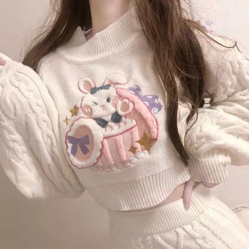 Off White Anime Harajuku Rabbit Cozy Knit Sweater & Mini Skirt Two Piece Set - Top / one size