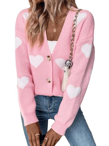 Verdusa Women's Long Sleeve Print Button Front V Neck Knit Sweater Cardigan - Large - Heart Pink