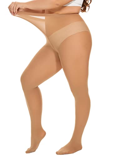 DUCMODA Women's Oversize Plus Size High Waist Tights Microfiber Soft Sheer Pantyhose - Suntan - X-Large