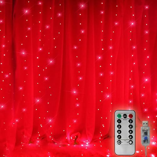 300 LED Curtain Lights Christmas String Lights, Backdrop Fairy Lights with Remote Control USB Power 8 Lighting Modes Window Red Lights for Bedroom, Home, Xmas,Valentines Day Decor-9.8ft x 9.8ft(Red) - Red