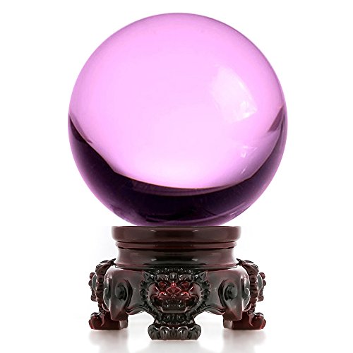 Amlong Crystal 3 inch (80mm) Pink Crystal Ball with Redwood Lion Resin Stand and Gift Box for Decorative Ball, Lensball Photography, Gazing Divination or Feng Shui, and Fortune Telling Ball - Pink