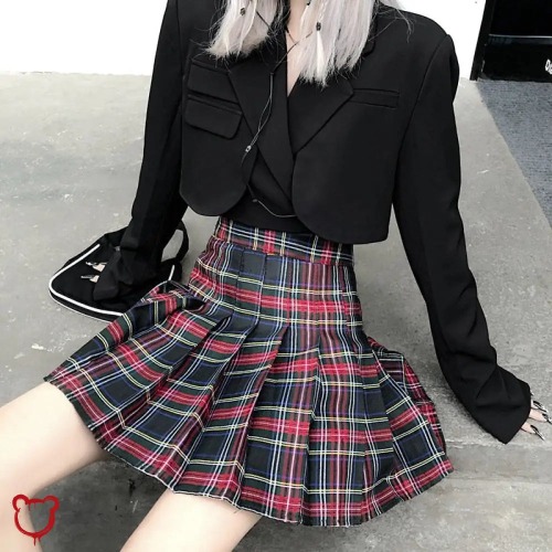 "Edgy Black Red Plaid Skirt" - Red / S